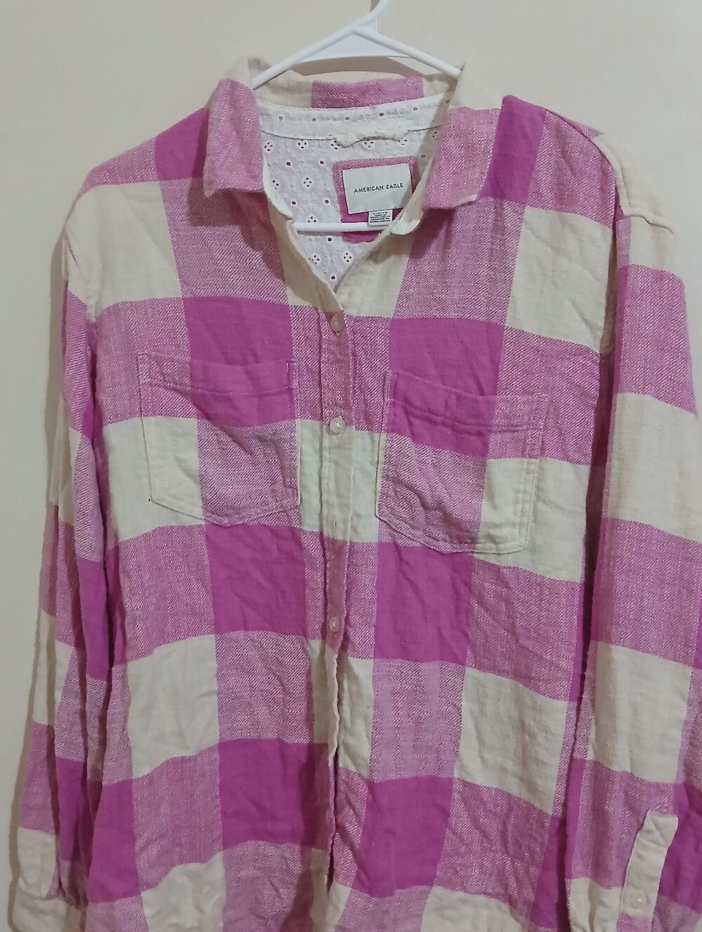 American Eagle Outfitters Girls' Pink & Cream Plaid Button-Up Shirt